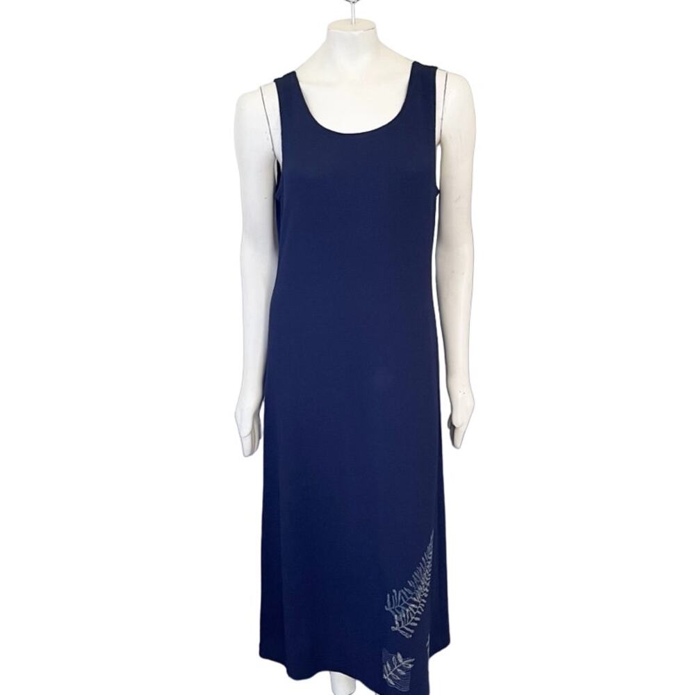 VTG Hand Painted Stretchy Crepe Sleeveless Maxi Dress in Navy  SZ 12